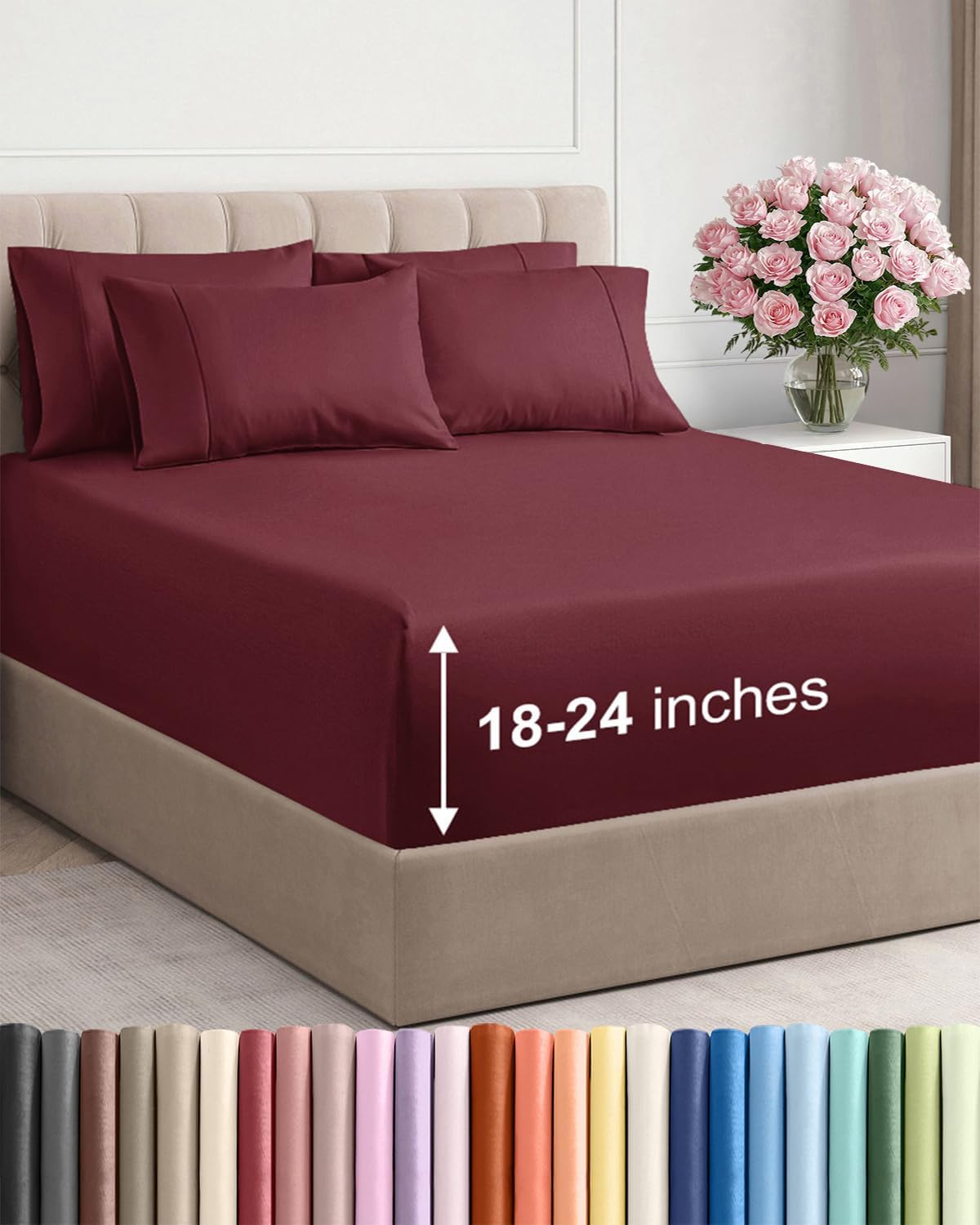 Skiennix Extra Deep Full Sheet Set - 6 Piece Breathable Cooling Bedding - Soft Wrinkle-Free Burgundy