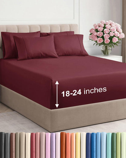 Skiennix Extra Deep Full Sheet Set - 6 Piece Breathable Cooling Bedding - Soft Wrinkle-Free Burgundy