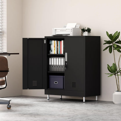 JINGUR Metal Storage Cabinet with Locking Doors and 2 Adjustable Shelves, Lockable Storage Cabinet for Home Office Garage Pantry Living Room (Black)