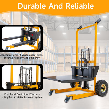 MMS Foldable Hydraulic Material Lift Winch Stacker, 450 Lbs 35.8" Max Lift w/ 9" Wheels 360° Swivel Casters, Pallet Truck Dolly, Fork Lift Table Cart, Pallet Jack, Removable Platform, Adjustable Forks
