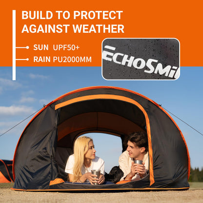 EchoSmile Instant Pop Up Camping Tent, 6 Person Easy Setup Tent, Water Resistant Dome, Portable with Carry Bag,Black & Orange,