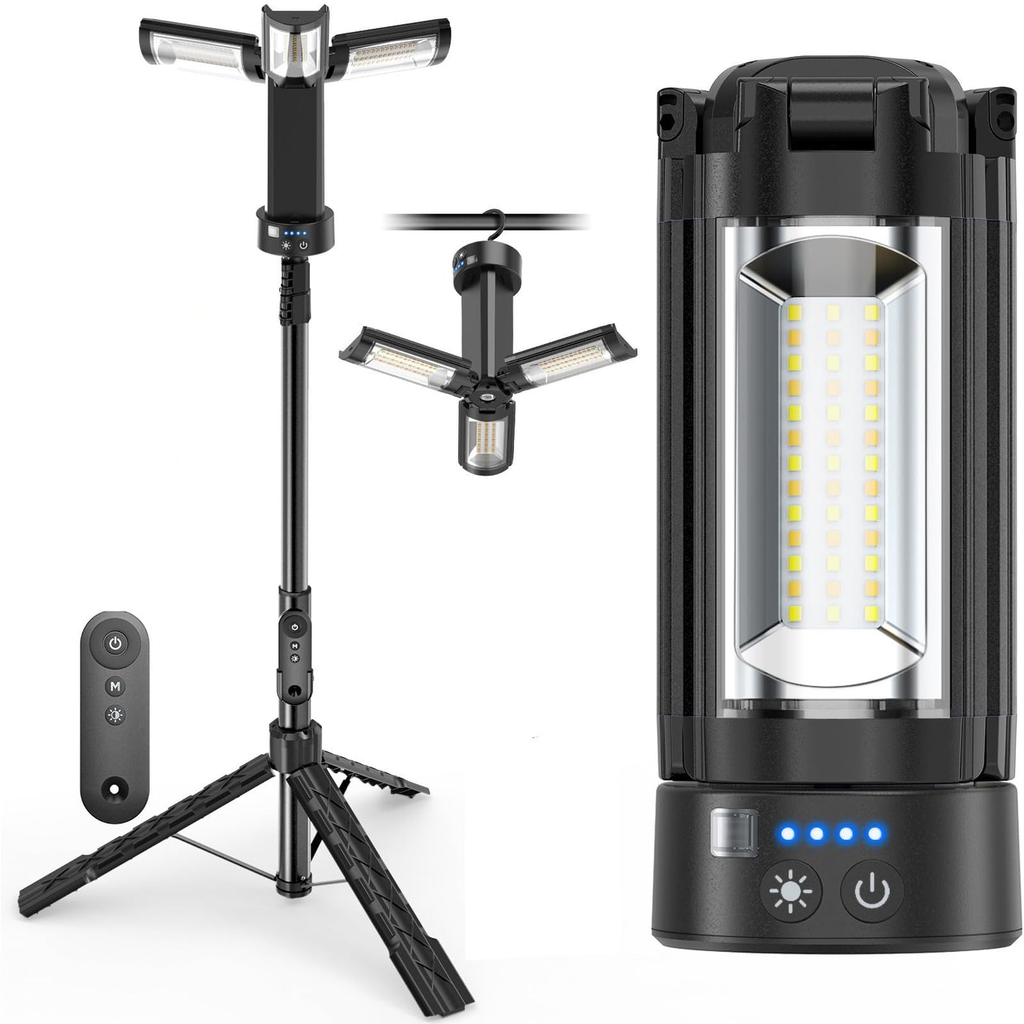 OGERY Camping Lights with Remote, 18000mAh Rechargeable Camping Lantern & LED Work Light, Detachable Tripod Stand up to 6.7 ft, 3 Lamp Heads for Camping Essentials & Emergency, Black