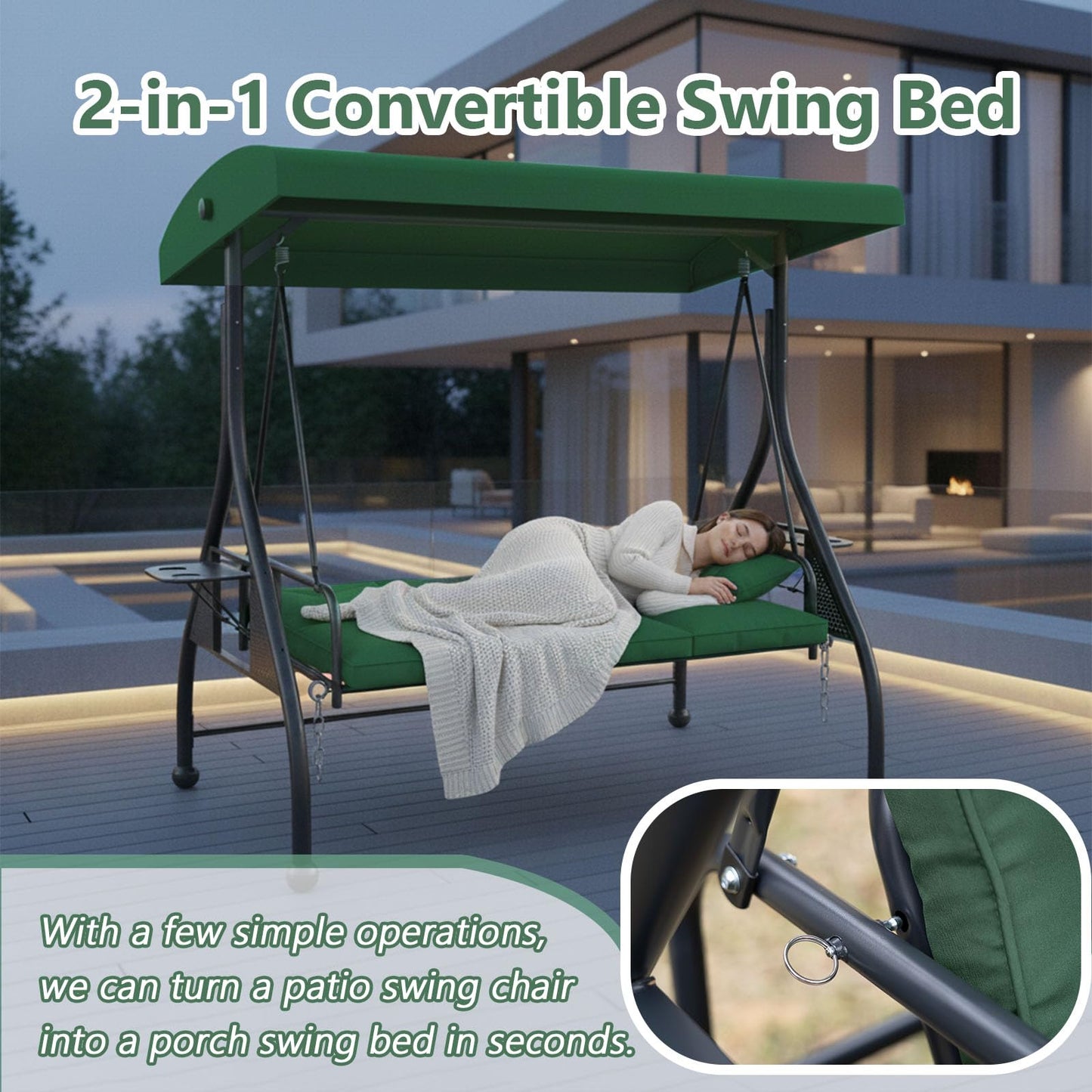 3-Seat Outdoor Porch Swing Glider with Stand, Convertible Patio Swings Bed with Foldable Side Tray & Thicker Cushion for Balcony Garden Deck Poolside - Green