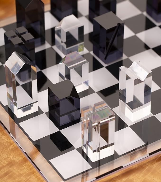 Bey-Berk Dom Acrylic Chess Set 28-Piece Black and Clear Lucite Pieces with 14 x 14 Board Architectural Modern Showpiece