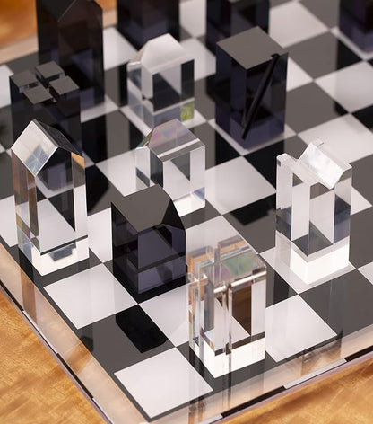 Bey-Berk Dom Acrylic Chess Set 28-Piece Black and Clear Lucite Pieces with 14 x 14 Board Architectural Modern Showpiece