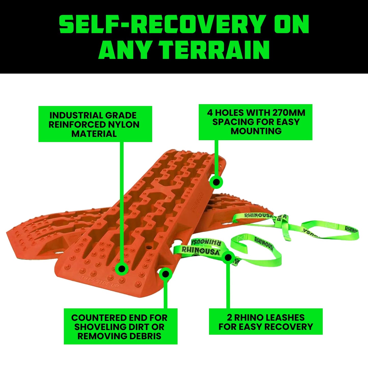 Rhino USA Off-Road Recovery Traction Boards - 2 Pack Ultimate Tire Traction Mountable Mats for 4X4 Vehicles in Sand, Mud & Snow. Heavy Duty Zipper Carry Bag and Leashes Included - (Orange)