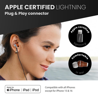 Symphonized iPhone Earphones Wired Deep Bass Sound, 3D Sound, Microphone Volume Control, 90% Noise Cancelling, Bubinga Wooden with Lightning (Apple MFI Certified), iPhone SE to 14 Earbuds (Black)
