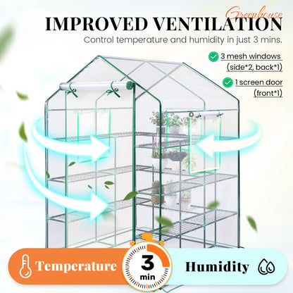 KING BIRD Premium Greenhouse for Outdoors, 56x56x77 in Walk-in Hot House with Thickened Cover, Reinforced Frame, Screen Windows & Mesh Door, 4 Tiers 12 Shelves for Outside Garden Seedlings, Clear