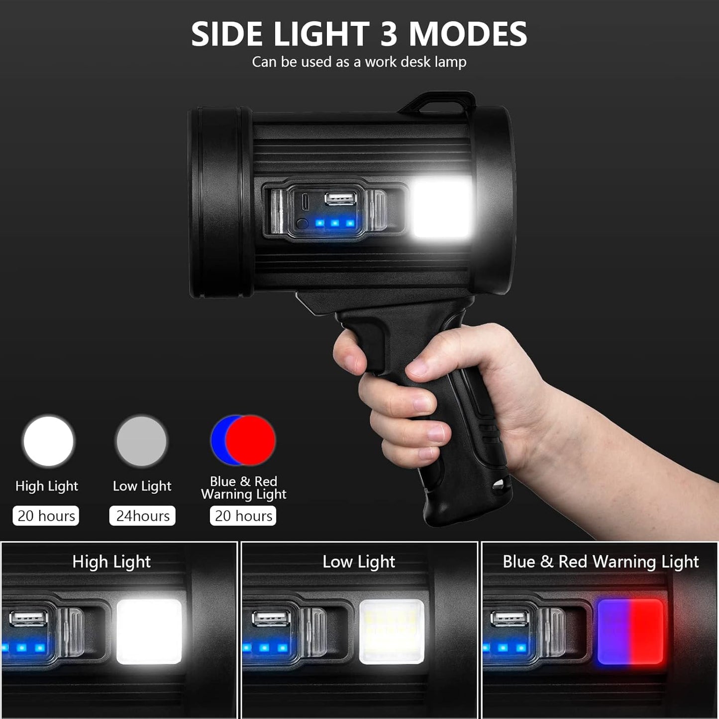 MIXILIN Rechargeable Spotlight, 90,000 Lumens Handheld Hunting Flashlight Led Spot Light with Cob Light and Solar Panels, Lightweight and Super Bright Spotlight for Hunting Boating Camping