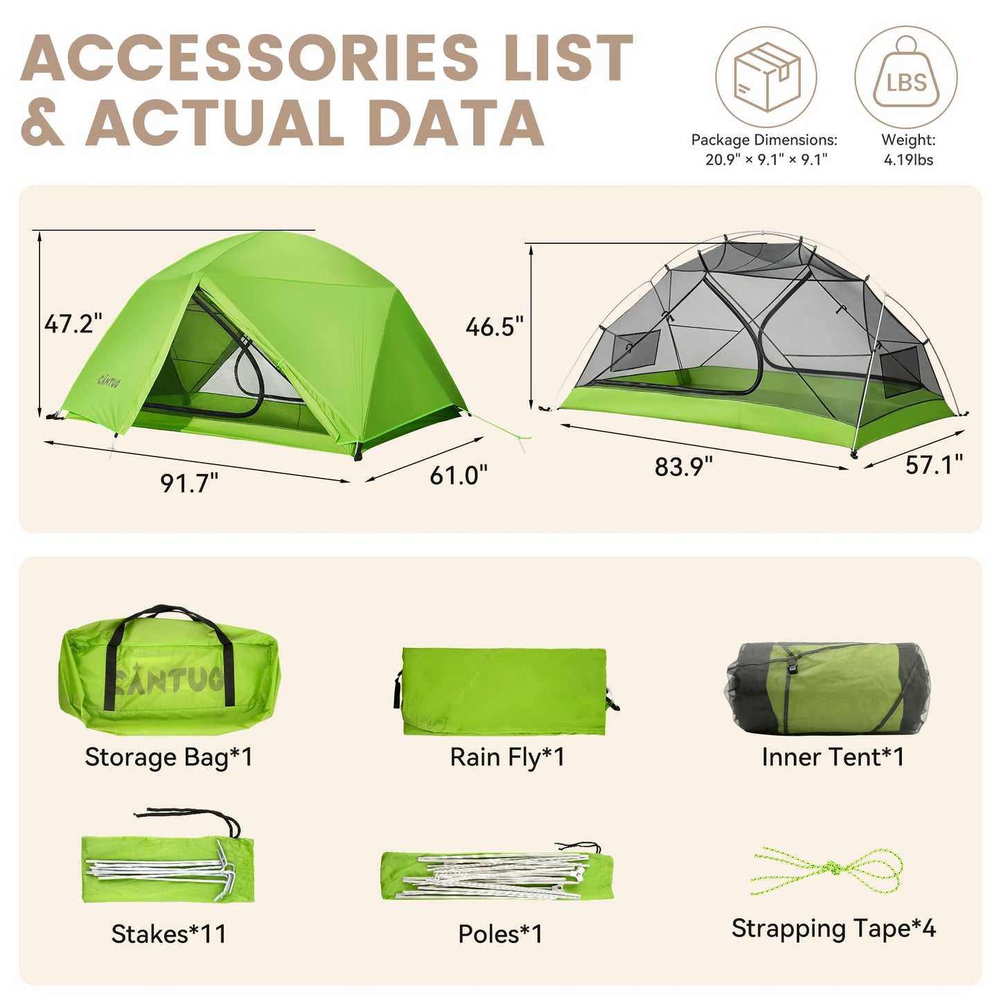 CANTUO Ultralight Camping Backpacking Tent 2 Person - Windproof & Waterproof PU5000mm 20D Nylon Tents for Camping, Hiking, Bikepacking