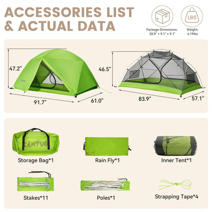 CANTUO Ultralight Camping Backpacking Tent 2 Person - Windproof & Waterproof PU5000mm 20D Nylon Tents for Camping, Hiking, Bikepacking