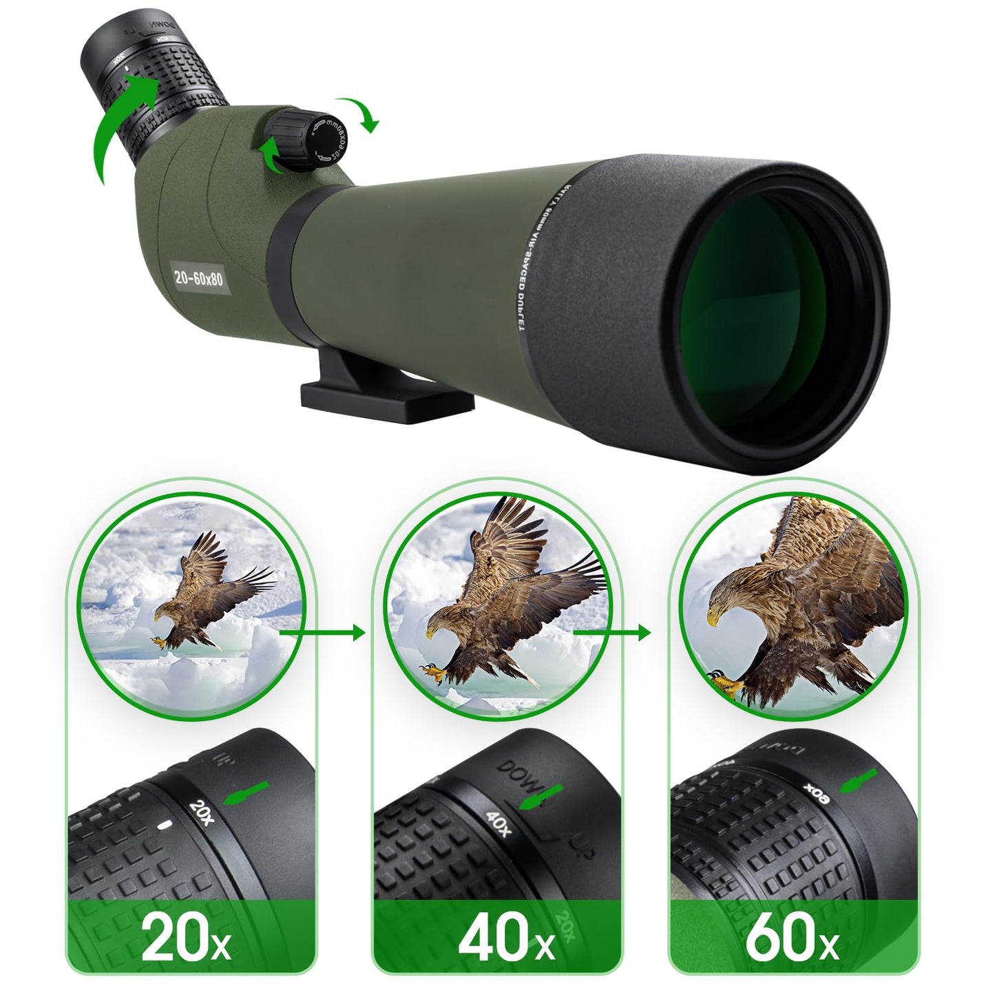 20-60x80 Spotting Scope for Target Shooting Spotter Scope with Tripod Phone Adapter BAK4 Monocular Telescope for Hunting Birdwatching Green