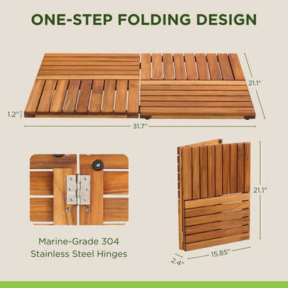 GREENTEAK Combo 22" Teak Shower Bench & Large Bath Mat 32", Teak Shower Stool with Shelf and Foldable Teak Bath Mat, Non-Slip Waterproof Spa Bathroom Seat, Indoor Outdoor