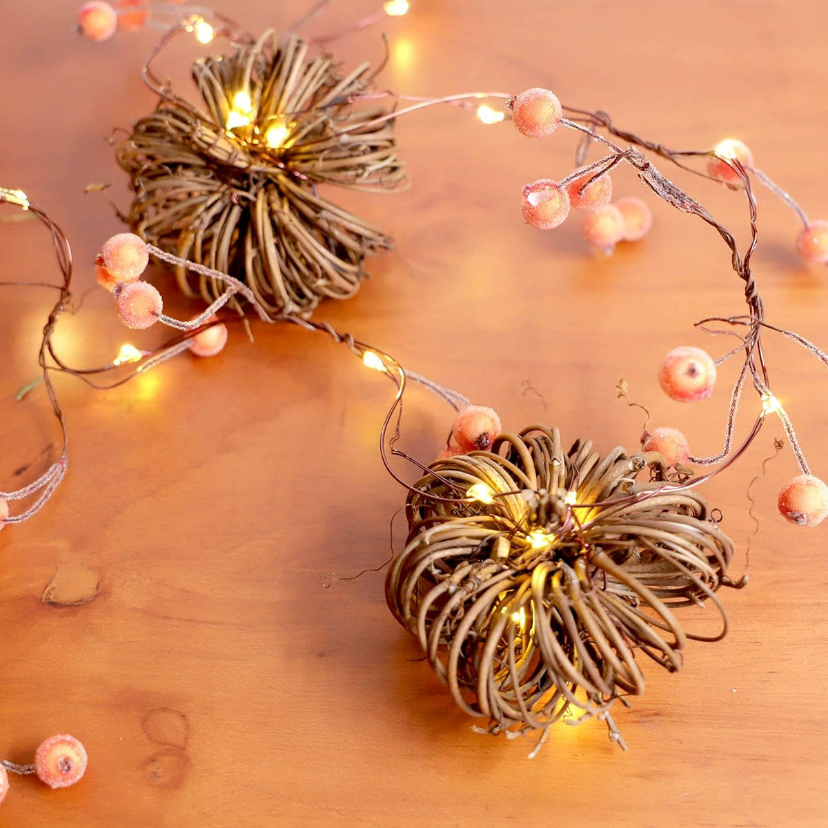 SUNSET HOME Rattan Pumpkin String Lights 10ft 30 LEDs Battery Operated Orange Fall Garland with Remote for Halloween Thanksgiving Decor