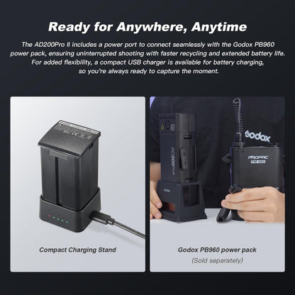 GODOX AD200 PRO II Flash (2025) AD200 PRO Strobe, Updated 200Ws 2.4G 1/512 to Full Power (1/1) Ten-Step Power Adjustment, Color Temperature Constant Mode ±100K Flash Head Pocket Flash Monolight
