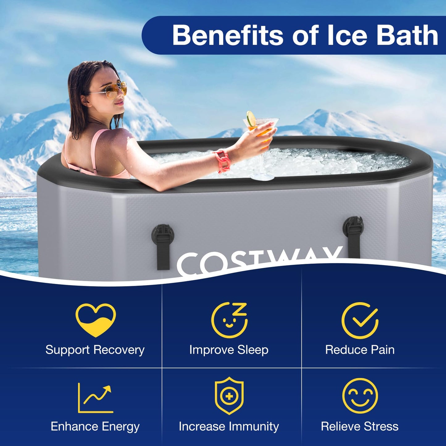 COSTWAY XL 129 Gal Oval Ice Bath Tub with Cover, Portable Outdoor Inflatable Cold Plunge Tub with Backpack, Pump, for Cold and Therapy, Compatible with Water Chillers, Grey