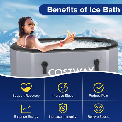 COSTWAY XL 129 Gal Oval Ice Bath Tub with Cover, Portable Outdoor Inflatable Cold Plunge Tub with Backpack, Pump, for Cold and Therapy, Compatible with Water Chillers, Grey