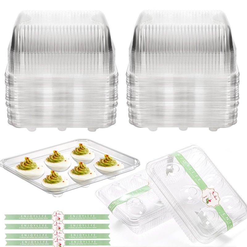 Yopay 50 Pack Deviled Egg Trays with lid, Plastic Clear 6 Slots Deviled Eggs Halves Carrier Deviled Container Dish Plate Holder for Party, Classic Cuisine Trays