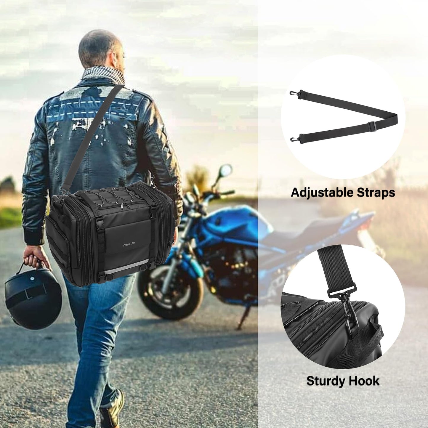 MOSISO Expandable Motorcycle Helmet Backpack Bag&Motorcycle Tail Bag with Expandable Capacity 32L-48L, Motorbike Rear Seat Trunk Gear Bag with Rain Cover&Shoulder Strap, Black