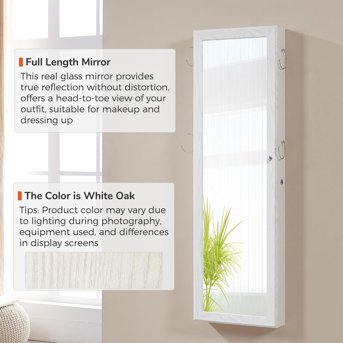 GISSAR Jewelry Mirror Armoire Wall Mount Over The Door Mirror Jewelry Cabinet Storage Mirror Organizer Lockable Full Length Door Mirror(White Oak)