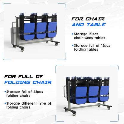 Grey Folding Chair and Table Cart-400LBS Weight Capacity Folding Chair Dolly with 4In Swivel Wheels Make Storing and Transporting Chairs Easy Chair Storage Rack with Straps and Cover to Space Saving