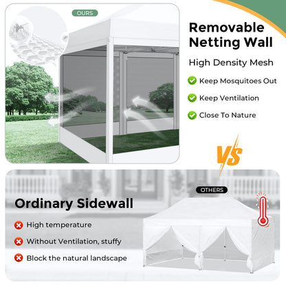 COBIZI 10x15 Heavy Duty Pop Up Canopy with 4 Sidewalls, Commercial Gazebo Party Tent with Mosquito Netting Wall Easy Set Up Outdoor Instant Screen Tent for Backyard, Patio, Garden, White
