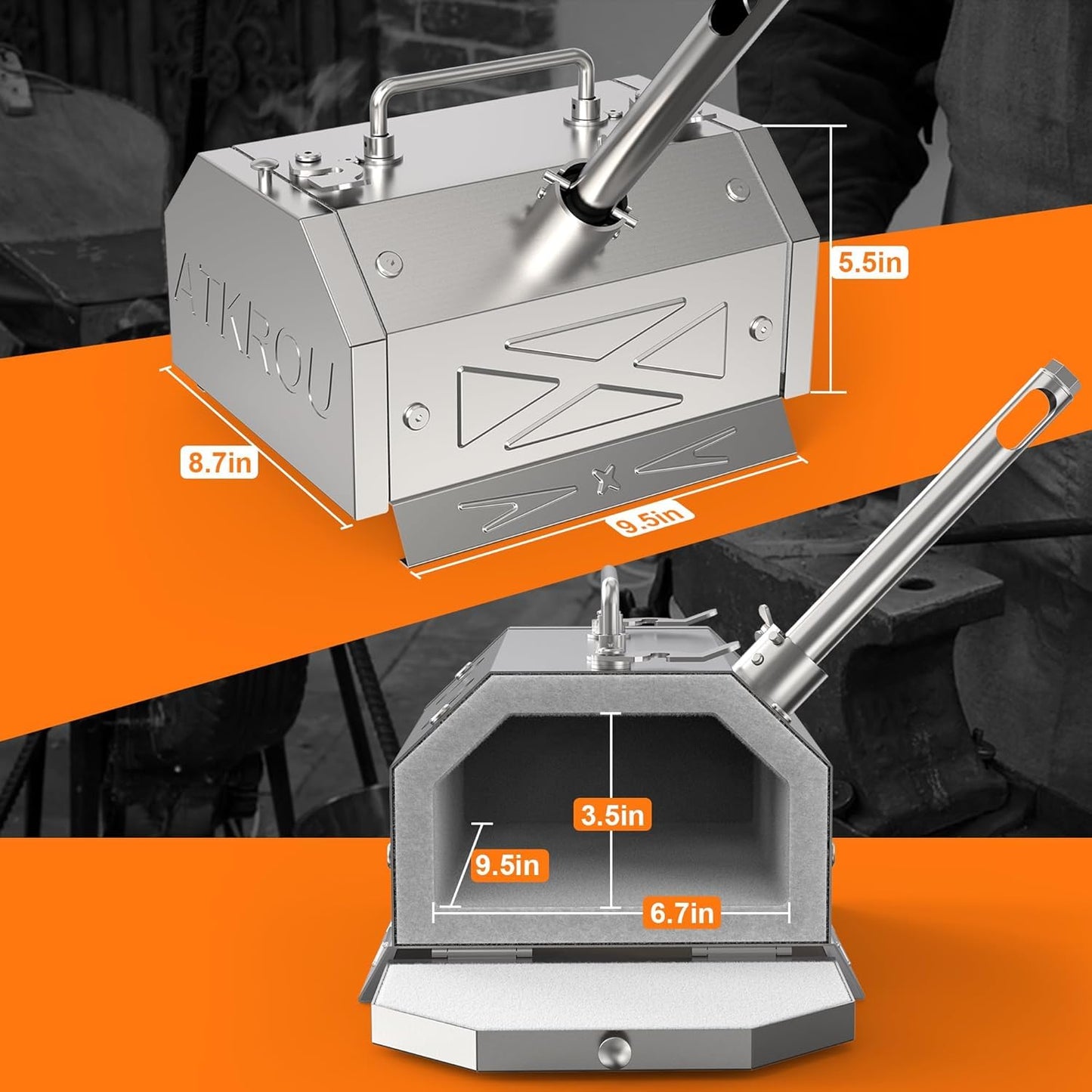 ATkrou 1 Burner Gas Propane Forge 2600℉ Double Door mini Portable Equipment,Knife Making(Stainless Steel) Blacksmithing Farrier Tool, Blacksmith Forge Kit
