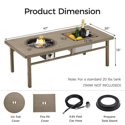 Green4ever Aluminum Propane Fire Pit Table, 47" 50,000 BTU Multifunctional Fire Table with CSA Certification, 4.5 Gallons Ice Bucket, and Lava Rocks, 3-in-1 Coffee Table for Outdoor Patio, Khaki