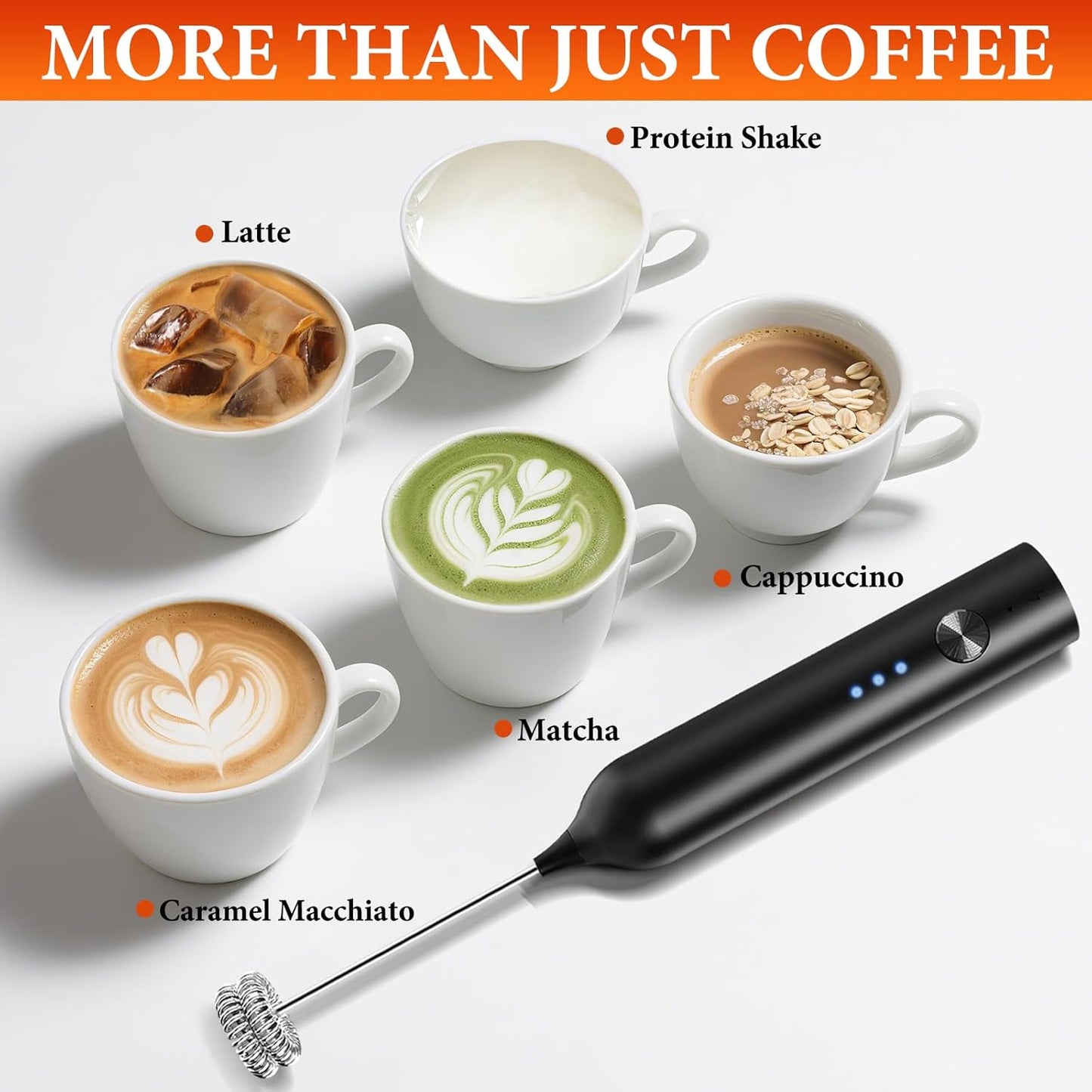 Skiennix Milk Frother - Rechargeable Handheld Drink Mixer with 3 Speed Settings & 3 Whisks | Black