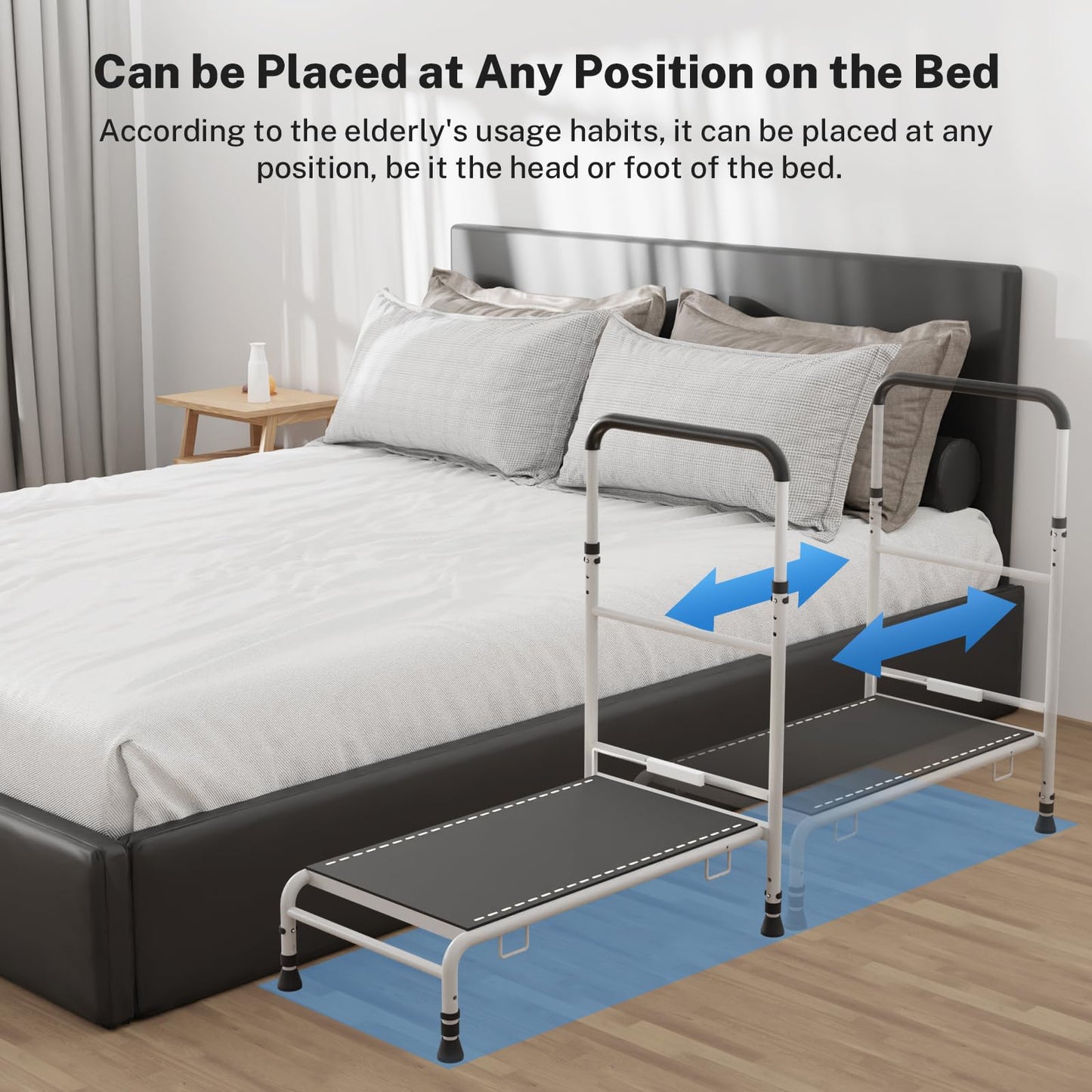 WISDEER Bedside Step Stool for Elderly - Adjustable Handle Motion Sensor LED Light Non-Slip Surface Heavy Duty Steel Supports Up to 400 lbs Ideal for Safe Bed Access, White