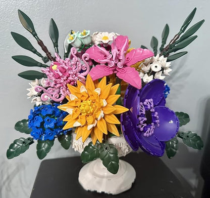Botanicals Flower Bouquet Building Block Sets Includes Hydrangea Dahlia Azalea Artificial Flowers Arrangement With Vase Valentine's Day Gift For Her Women Girls Floral Table Centerpiece