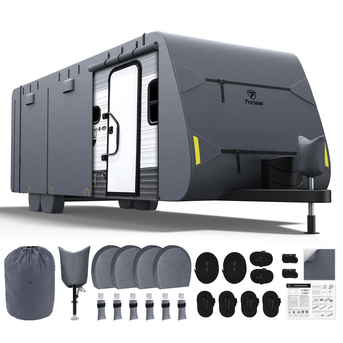 Fonzier RV Cover 28-31ft: Extra Thick 7 Layers Travel Trailer Cover with 4 Tire Covers, Waterproof Camper Cover, Extra Windproof Ropes, Gutter Cover, Rip-Stop Anti-UV