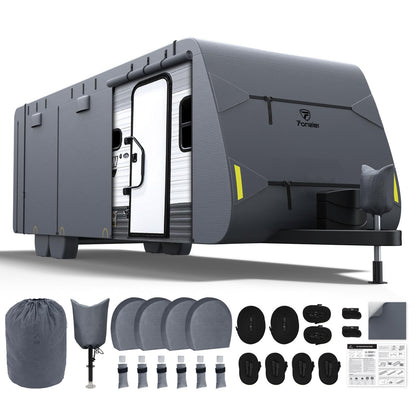 Fonzier RV Cover 28-31ft: Extra Thick 7 Layers Travel Trailer Cover with 4 Tire Covers, Waterproof Camper Cover, Extra Windproof Ropes, Gutter Cover, Rip-Stop Anti-UV