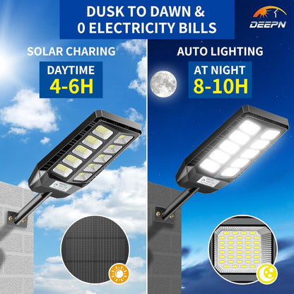 Deepn Solar Lights Outdoor, 7000W Solar Street Lights Outdoor with Motion Sensor, IP66 Waterproof Street Area Security Lights with Remote, Dusk to Dawn Solar Flood Lights for Garage Outside, 3 Pack