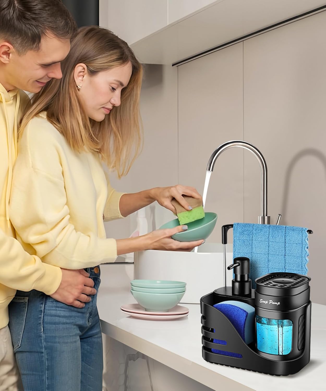 Skiennix Kitchen Soap Dispenser Set - 4-in-1 Dual Soap Dispenser with Sponge & Dishcloth Holder | Black