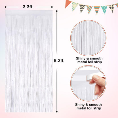 White Metallic Tinsel Foil Fringe Curtains, 2 Pack 3.3x8.3 Feet Streamer Backdrop for Birthday Wedding Christmas Easter, New Year’s Eve Decor, White Tinsel Backdrop for Valentines Day Decorations
