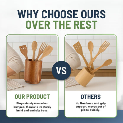 Linda's Essentials Acacia Wooden Utensil Holder - 360° Rotating Non-Slip Design for Kitchen Counter