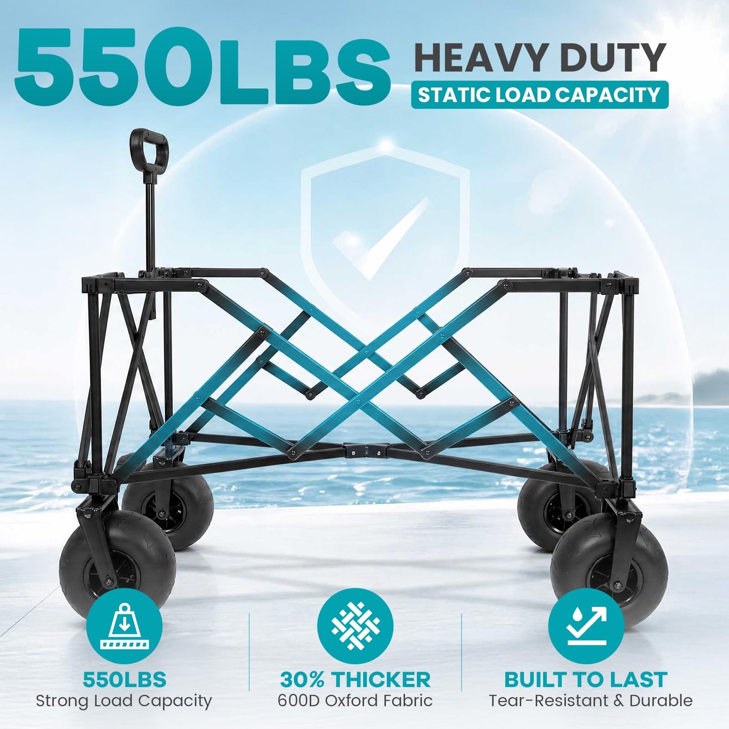 FUNDANGO Heavy Duty Beach Wagon with 9" Big Sand-Proof Wheels, 300L Large Beach Wagons with Balloon Wheel, Folding Collapsible All Terrian Cart with Side Pockets for Sports, Camping, Pump Included