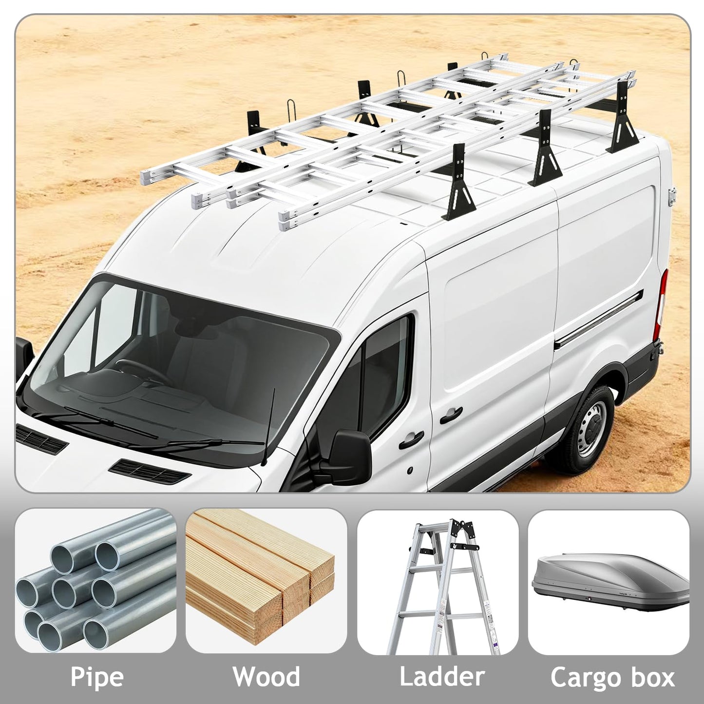 No Drilling Required Van Ladder Rack,Van Roof Rack with Cargo Stoppers,Compatible with Ford Transit150/250/350/Connect,2011-2025 Nissan NV 1500 2500 3500