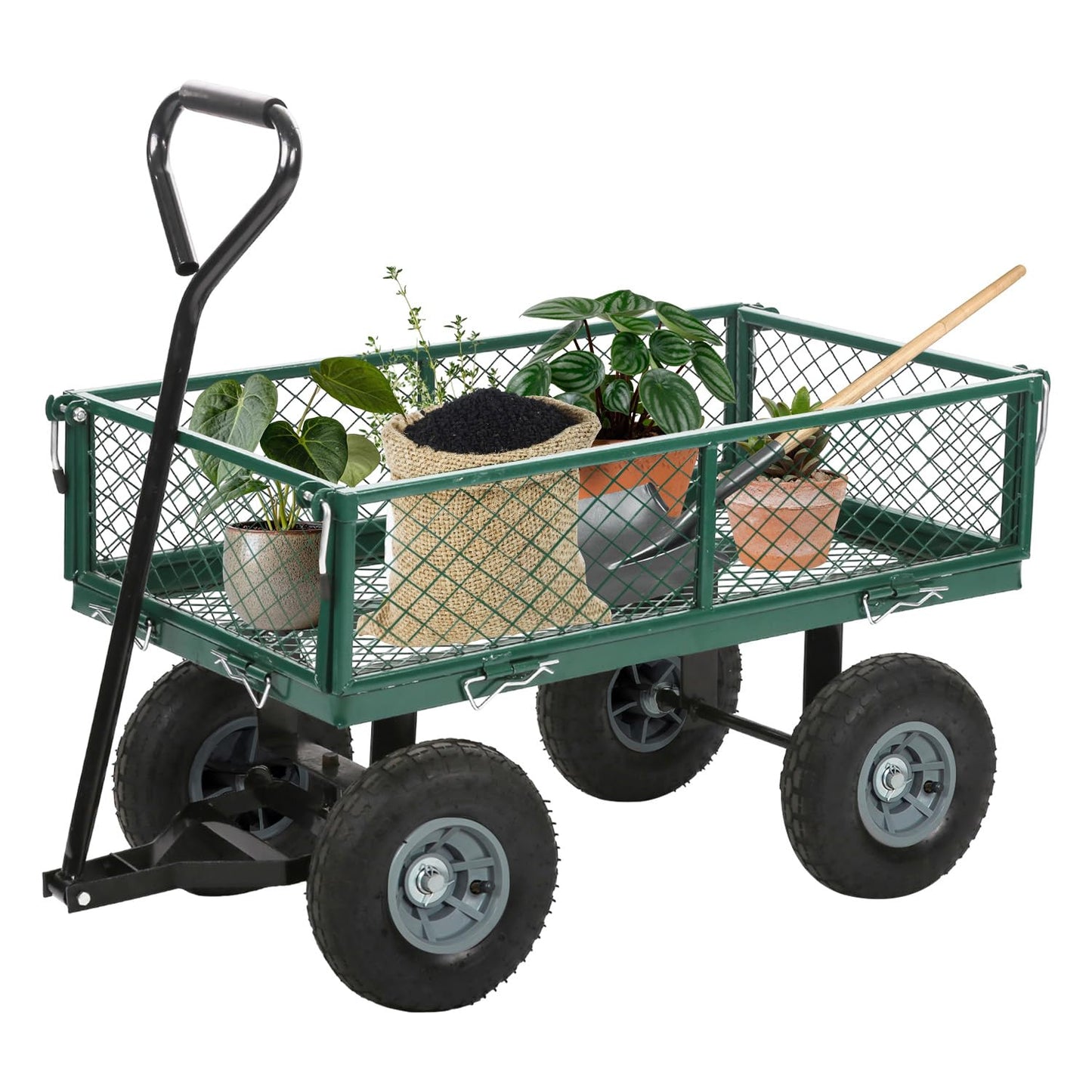 FDW Garden Cart Streel Heavy Duty 500 LBS Capacity，Utility Cart Wagon with Removable Sides and 180°Rotating Handle for Yard, Lawn and Garden Hauler (Dark Green)