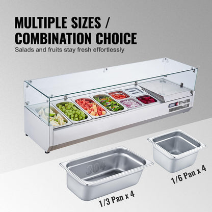 VEVOR Condiment Prep Rail Station, 150 W Countertop Refrigerated Condiment Station, with 4 1/3 4 1/6 Pans, 304 Stainless Body and PC Lid, Sandwich Prep Table with Glass Guard, ETL, Silver