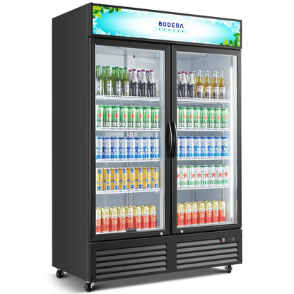 BODEGACOOLER Commercial Merchandiser Refrigerator, 40 Cu.Ft Double Glass Door Beverage Cooler, Upright Display Refrigerator with Soft LED Light, Adjustable Shelves, 4 Heavy-Duty Casters, Black