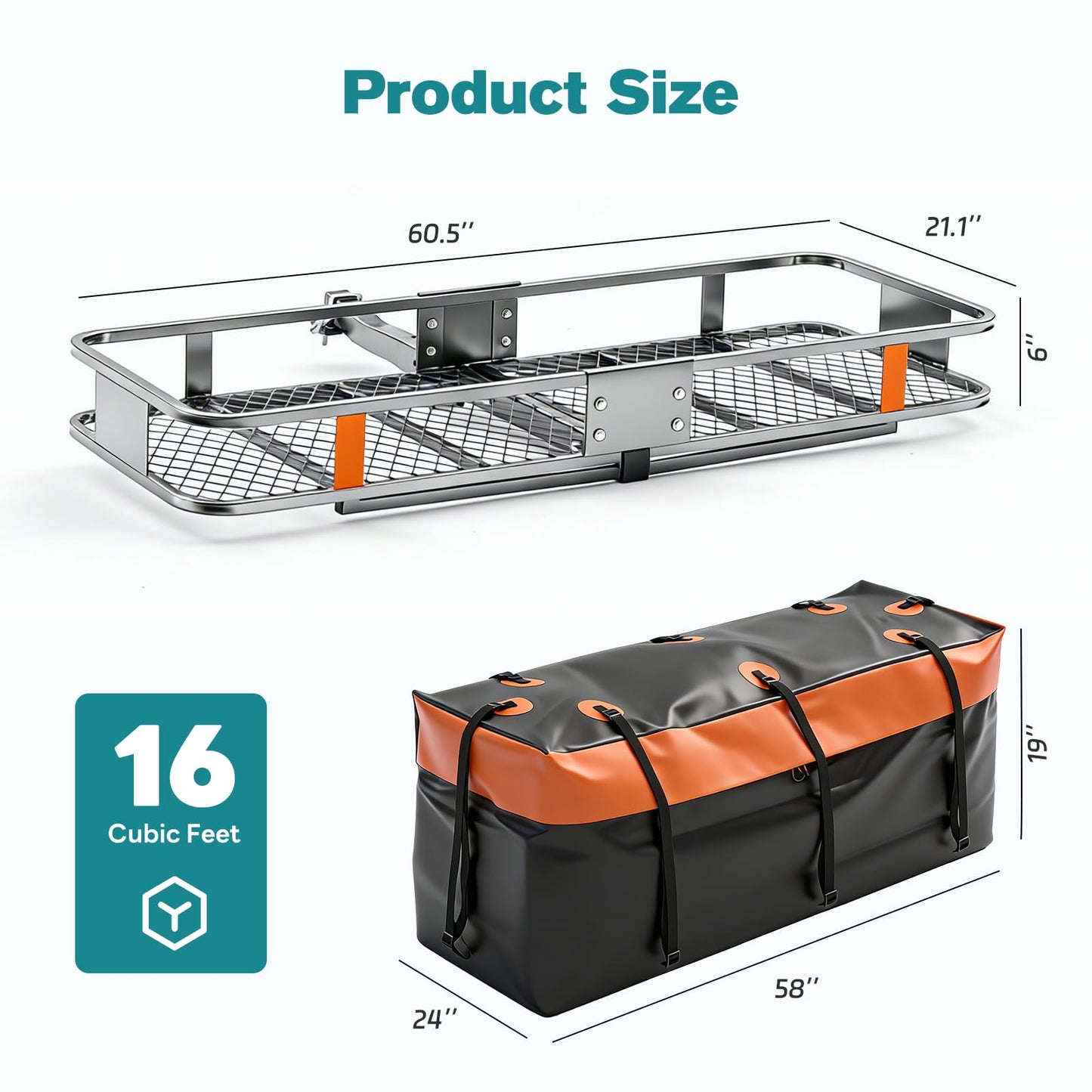 OLIXIS Folding Hitch Mount Cargo Carrier Basket 60x21x6 with Waterproof Luggage Bag, 500 Lbs Capacity Cargo Basket with Hitch Stabilizer, 16 Cubic Feet, Straps, Net