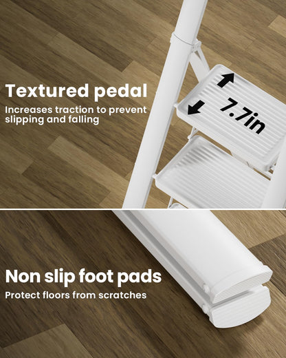 SOLADDER 4 Step Ladder with Handrails, Anti-Slip and Foldable Step Stool with Widen Pedals, Portable Stepladders for Home, Kitchen and Indoor, Space Saving, Iron Material, 300lbs, White