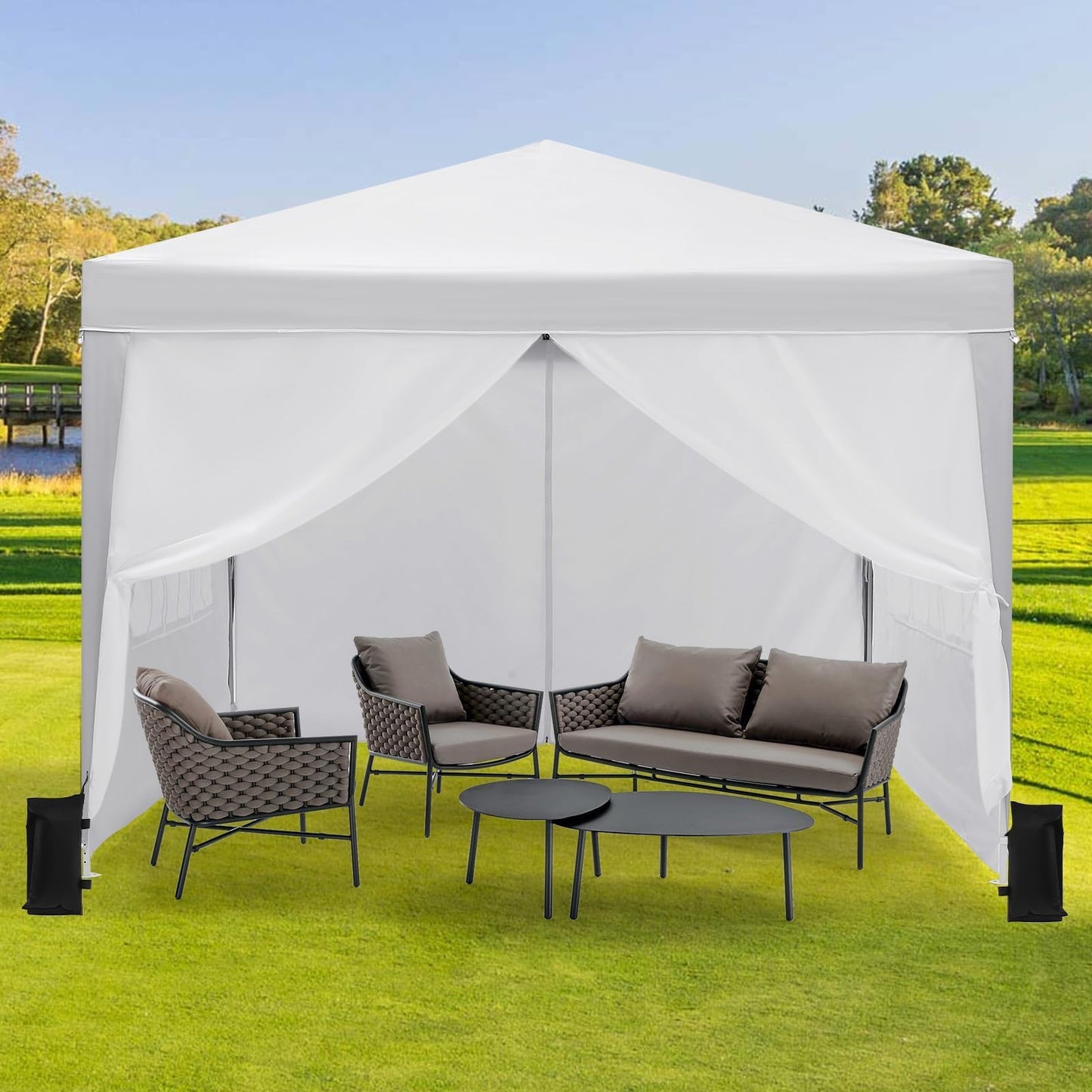 White 10x10 Pop-Up Canopy Tent with 4 Sidewalls – Portable Instant Shelter, Waterproof Outdoor Gazebo for Camping, Parties, Backyard & Beach Activities