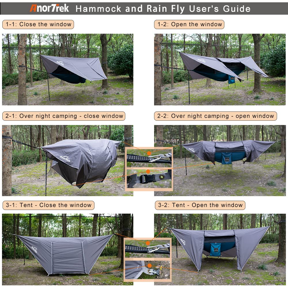 AnorTrek Camping Hammock with Mosquito Net and Rain Fly Tarp, Portable Double Hammock with Two Tree Straps, 230T Nylon Hammock and Waterproof Rain Fly Set for Hiking, Backpacking, Overnight (Green)