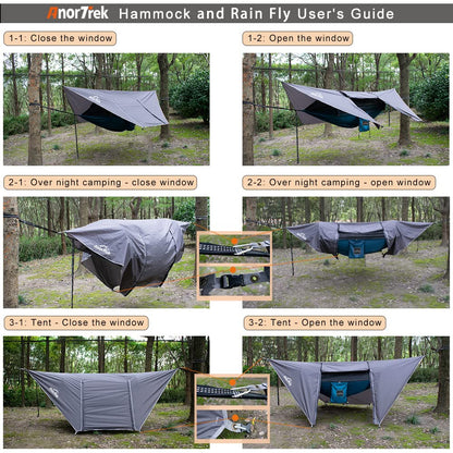 AnorTrek Camping Hammock with Mosquito Net and Rain Fly Tarp, Portable Double Hammock with Two Tree Straps, 230T Nylon Hammock and Waterproof Rain Fly Set for Hiking, Backpacking, Overnight (Green)