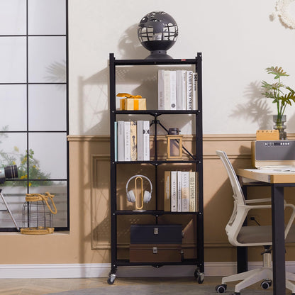 DEANIC 5-Shelf Folding Bookcase with Wheels, Heavy Duty Storage Shelves, Freestanding Metal Wire Shelving Unit for Living Room, Office, Kitchen, Basement, Pantry(Black 2 Pack)