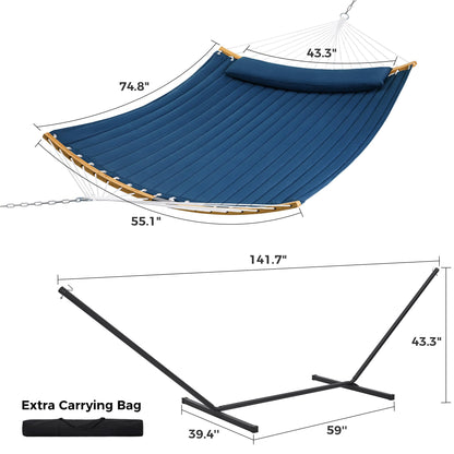 SUPERJARE Curved-Bar Hammock with Stand, 2 Person Heavy Duty Hammock Frame, Detachable Pillow & Portable Carrying Bag, Perfect for Outdoor & Indoor, Navy Blue