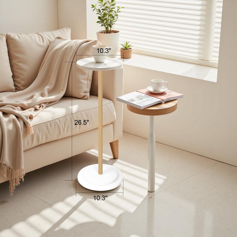 OIKASSU Premium Stone Round Drink Table,Heavy Duty Stone Base Top Pedestal,Cocktail Accent End Table for Living Room,Waterproof, Weighted Base Small Accent Side Table for Small Space Office,White